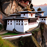 **A majestic Bhutanese Dzong at sunset.** Capture the imposing architecture, intricate carvings, and the surrounding landscape. Emphasize the vibrant colors, especially the whites and reds, and the overall sense of strength and spirituality.