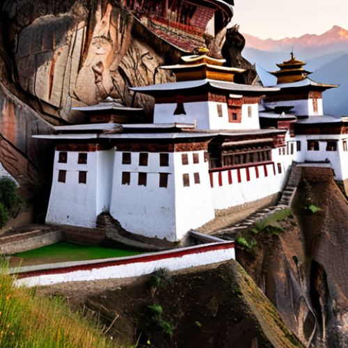 Home 11 **A majestic Bhutanese Dzong at sunset.** Capture the imposing architecture, intricate carvings, and the surrounding landscape. Emphasize the vibrant colors, especially the whites and reds, and the overall sense of strength and spirituality.
