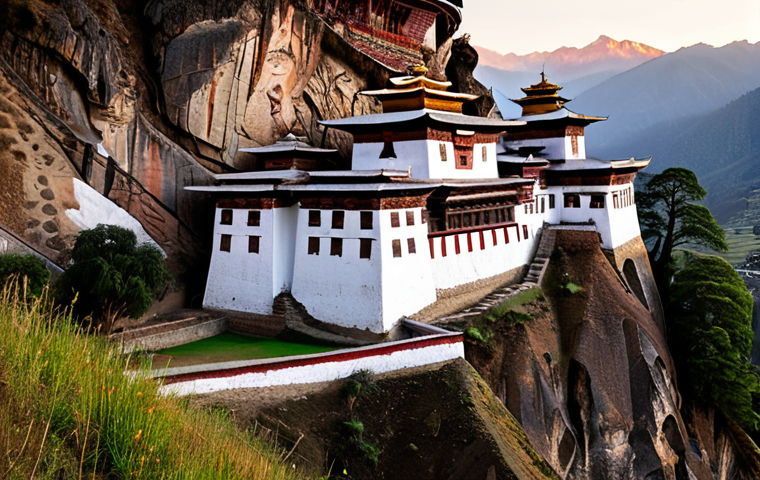 **A majestic Bhutanese Dzong at sunset.** Capture the imposing architecture, intricate carvings, and the surrounding landscape. Emphasize the vibrant colors, especially the whites and reds, and the overall sense of strength and spirituality.