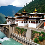 **Prompt:** Vibrant collaboration between Bhutan and India on a hydroelectric dam project in a lush, mountainous landscape. Bhutanese and Indian engineers are working side-by-side, showcasing a shared commitment to sustainable energy. Traditional Bhutanese architecture blends with modern engineering.