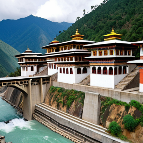 Home 6 **Prompt:** Vibrant collaboration between Bhutan and India on a hydroelectric dam project in a lush, mountainous landscape. Bhutanese and Indian engineers are working side-by-side, showcasing a shared commitment to sustainable energy. Traditional Bhutanese architecture blends with modern engineering.