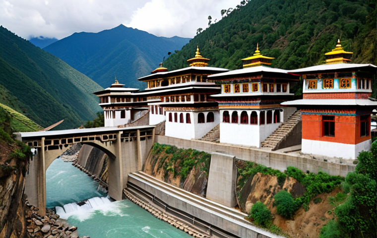 **Prompt:** Vibrant collaboration between Bhutan and India on a hydroelectric dam project in a lush, mountainous landscape. Bhutanese and Indian engineers are working side-by-side, showcasing a shared commitment to sustainable energy. Traditional Bhutanese architecture blends with modern engineering.