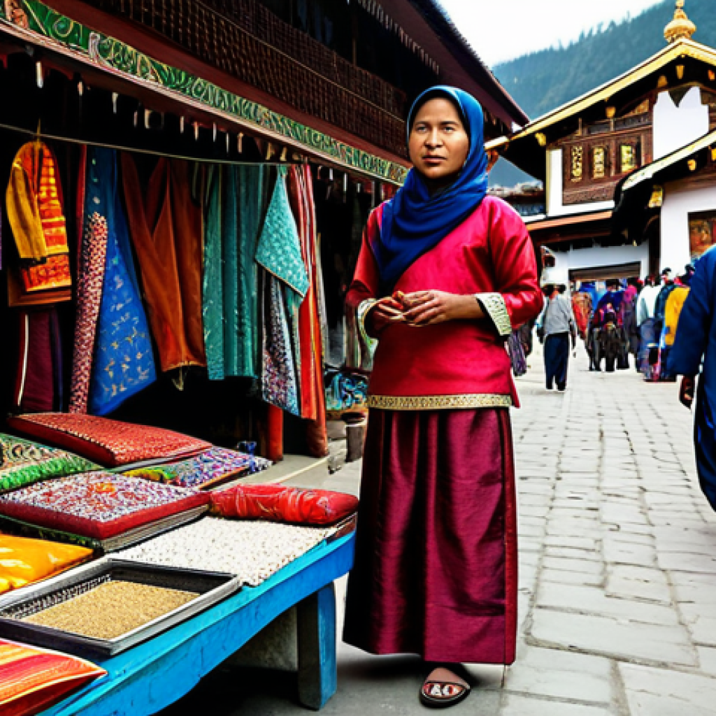 부탄 여행 경비 - **Image Prompt:** A woman wearing a *baju kurung* (traditional Malay dress), fully clothed and modes...