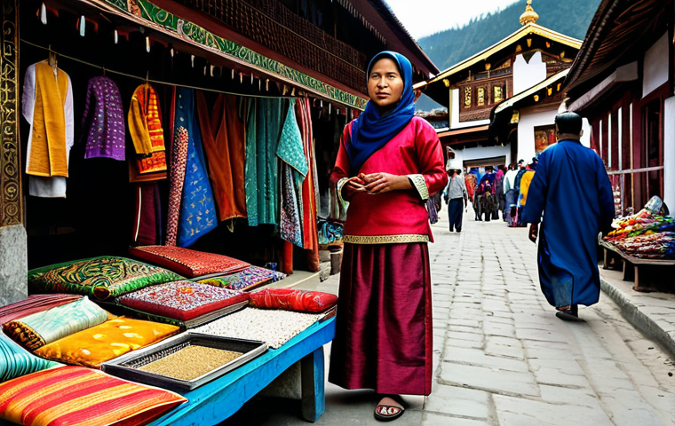 부탄 여행 경비 - **Image Prompt:** A woman wearing a *baju kurung* (traditional Malay dress), fully clothed and modes...