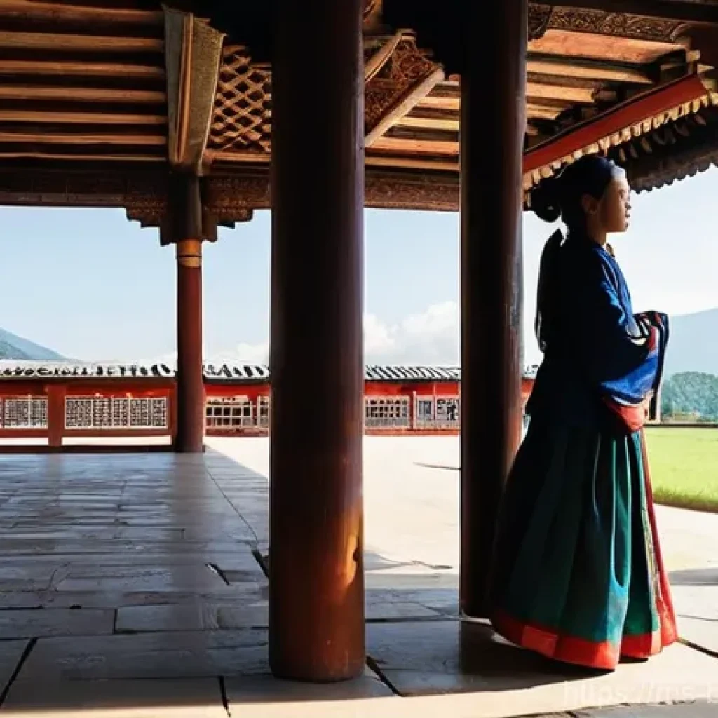 부탄에서 주의할 문화적 금기 - **Prompt 1: Reverence in Sacred Spaces**
A serene and respectful scene inside a grand Bhutanese ...