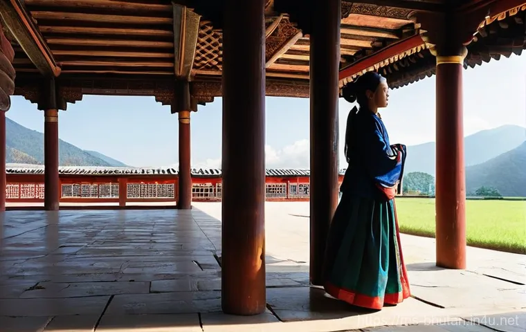 부탄에서 주의할 문화적 금기 - **Prompt 1: Reverence in Sacred Spaces**
    A serene and respectful scene inside a grand Bhutanese ...