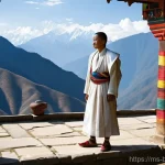 부탄 전통 의상 - A proud Bhutanese man stands gracefully in a traditional setting, possibly a monastery courtyard, wi...