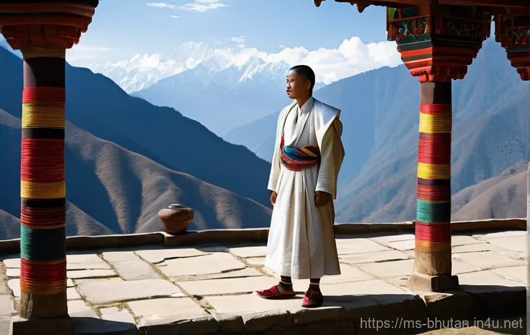 부탄 전통 의상 - A proud Bhutanese man stands gracefully in a traditional setting, possibly a monastery courtyard, wi...