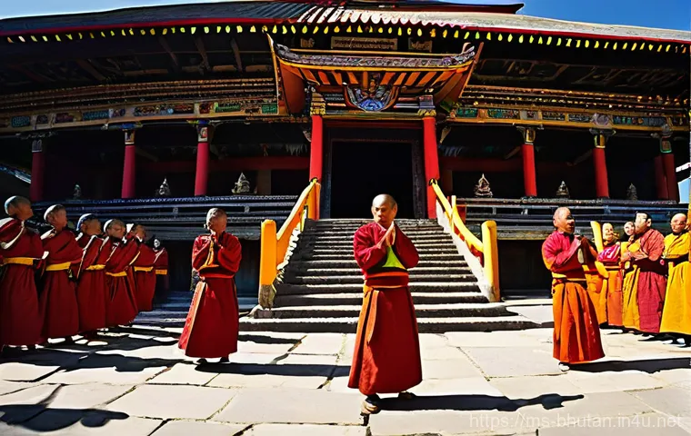 부탄의 공휴일과 기념일 - **Prompt 1: The Mystical Cham Dance of Tshechu**
A vibrant, wide-angle shot of a traditional Bhu...