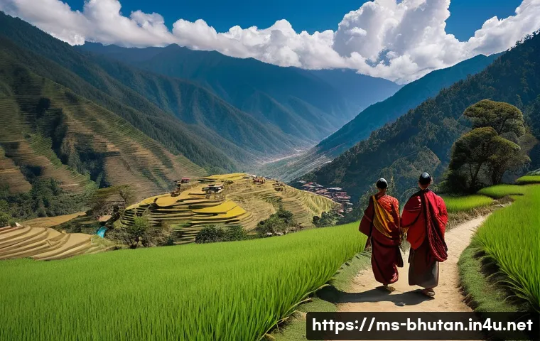부탄의 행복한 라이프스타일 - **Prompt:** A serene, wide-angle shot of a Bhutanese family in traditional Gho and Kira attire, gent...
